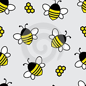 Seamless pattern with flying bee and honeycomb on gray background. Vector illustration