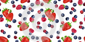 Seamless pattern of flying berries isolated on white background with clipping path, different falling wild berry fruits