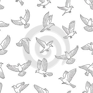Seamless Pattern of Flying Birds in Line Art Style