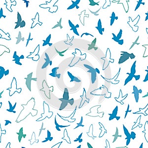 Seamless pattern flying birds. Lots of blue doves. Vector illustration