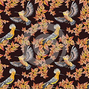 Seamless pattern with flying birds in yellow and brown colors