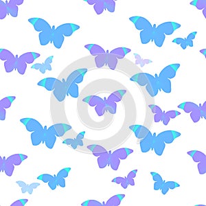 Seamless pattern: flying blue and purple Morpho butterflies on a white background. Vector.