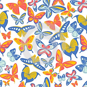 Seamless pattern of flying butterflies blue yellow and orange colors illustration on white background website page and mobi