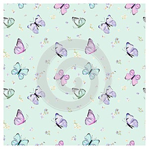 Seamless Pattern with Flying Butterflies and Pansy Flowers in Watercolor Style. Beauty in Nature. Background for Fabric, Textile