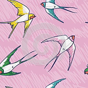 Seamless pattern with flying colorful swallows