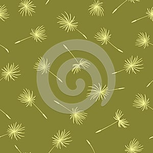 Seamless pattern with flying dandelion seeds. Floral texture. Spring dandelions on green background. Vector illustration of