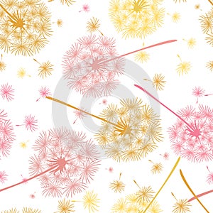 Seamless pattern of flying dandelions in pink and yellow colors. Endless floral texture of delicate flowers