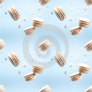 Seamless pattern with flying delicious macaroons