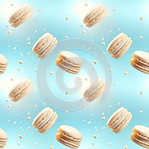 Seamless pattern with flying delicious macaroons