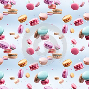 Seamless pattern with flying delicious macaroons