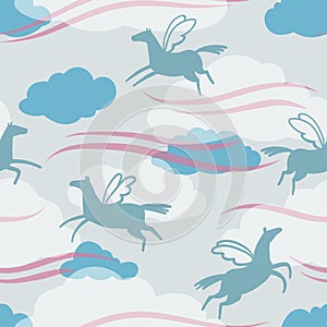 Seamless pattern with flying horses in blue and white clouds