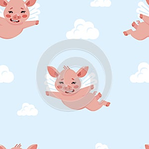 Seamless pattern with flying pigs and clouds