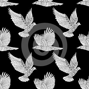 Seamless pattern with flying raven and dove.