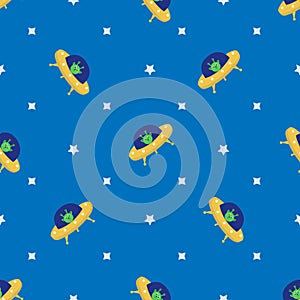 Seamless pattern with flying saucer. Aliens. Space. Vector illustration.