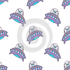 Seamless pattern with flying saucer and UFO alien. Doodle. A space flight. Cosmonautics Day. Hand-drawn. Vector illustration for
