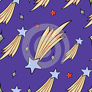 Seamless pattern of flying stars cartoon style vector illustration on dark blye night sky