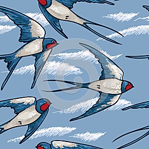 Seamless pattern with flying swallows