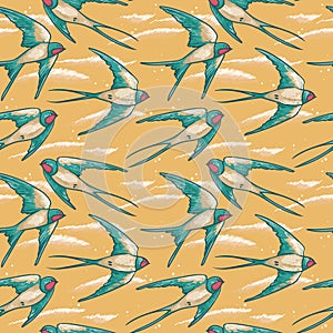 Seamless pattern with flying swallows