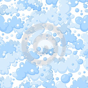 Seamless pattern with foam made of soap or clouds isolated in white background. Blue foam and bubbles for cleaning