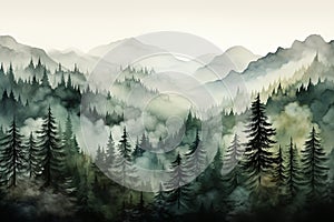 Seamless pattern foggy spruce pine forest winter scenery watercolor background generative Ai