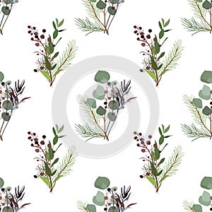 Seamless pattern of foliage natural branches, green leaves, herb