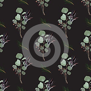 Seamless pattern of foliage natural branches, green leaves, herb