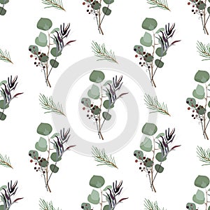 Seamless pattern of foliage natural branches, green leaves, herb