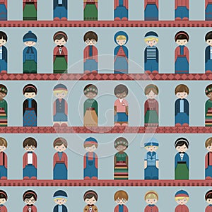 Seamless pattern folk art cartoon people