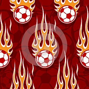 Seamless pattern with football soccer ball and flames.