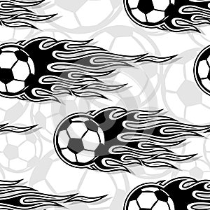 Seamless pattern with football soccer ball and flames.