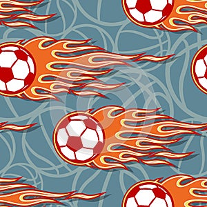 Seamless pattern with football soccer ball and flames.