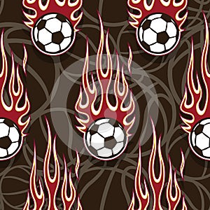 Seamless pattern with football soccer ball and flames.