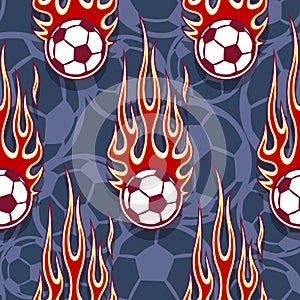 Seamless pattern with football soccer balls and flame.