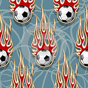 Seamless pattern with football soccer balls and flame.