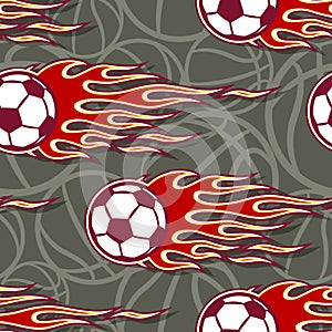 Seamless pattern with football soccer balls and flame.