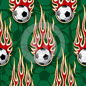 Seamless pattern with football soccer balls and flame.