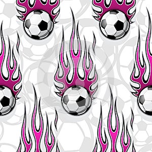 Seamless pattern with football soccer balls and flame.