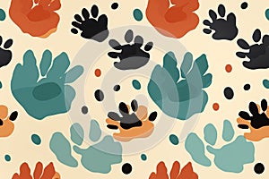 seamless pattern with blue black footsteps paw prints of wild animal on white background