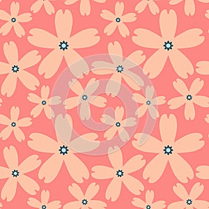 Seamless pattern. The foreground consists of fictional flowers.The background consists of squares cut by a five-pointed star.