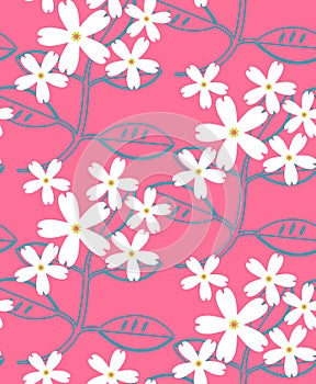 Seamless pattern. The foreground consists of fictional flowers.The background consists of squares cut by a five-pointed star.