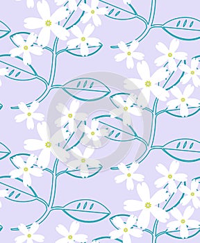 Seamless pattern. The foreground consists of fictional flowers.The background consists of squares cut by a five-pointed star.