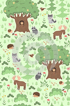 Seamless pattern with forest animals and plants. Vector graphics