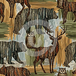Forest Animals Bark Texture Seamless Pattern