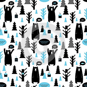 Seamless pattern with forest and bears.