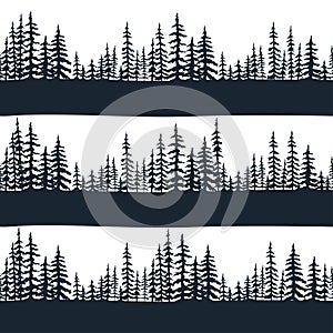 Seamless pattern with forest of Christmas fir trees silhouette. Coniferous spruce panorama. Park of evergreen wood