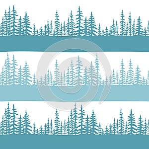 Seamless pattern with forest of Christmas fir trees silhouette. Coniferous spruce panorama. Park of evergreen wood