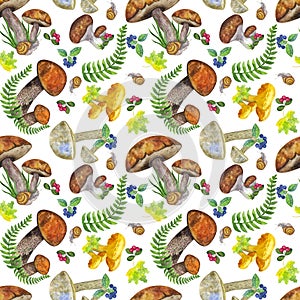 Seamless pattern forest: edible mushrooms, leaves, berries, fern, snail, cranberry. Hand draw watercolor illustration on
