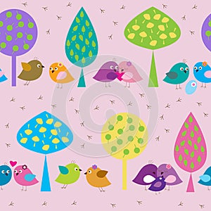 Seamless pattern with forest enamored birds on the background of