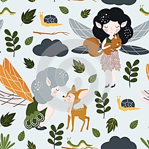 Seamless pattern with forest fairy and baby deer - vector illustration, eps