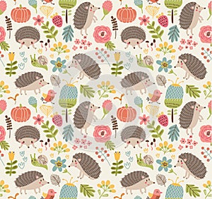 Seamless pattern forest with hedgehogs
